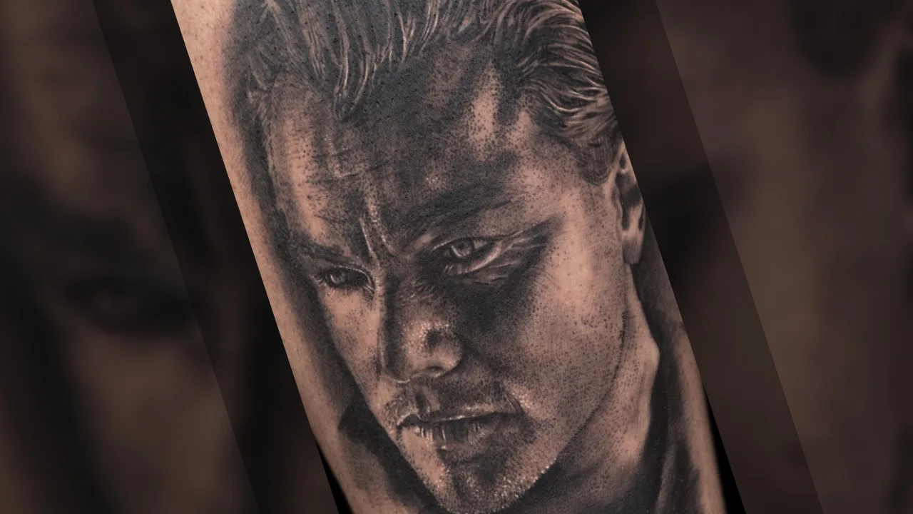 Realistic Leonardo DiCaprio Portrait Tattoo